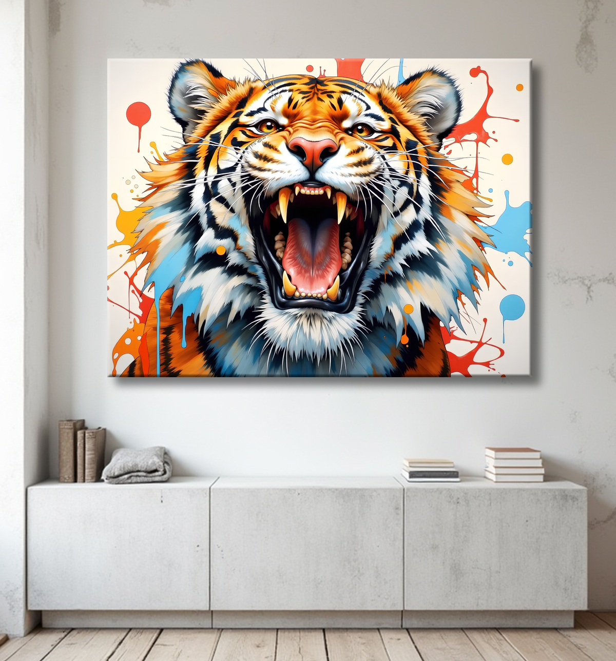 Tableau tigre pop art - Explosion de couleurs et style graphique avec decor