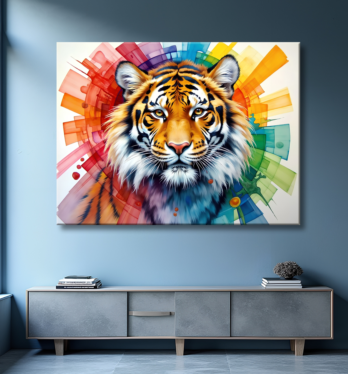 Tableau tigre pop art - Explosion de couleurs et style graphique avec decor