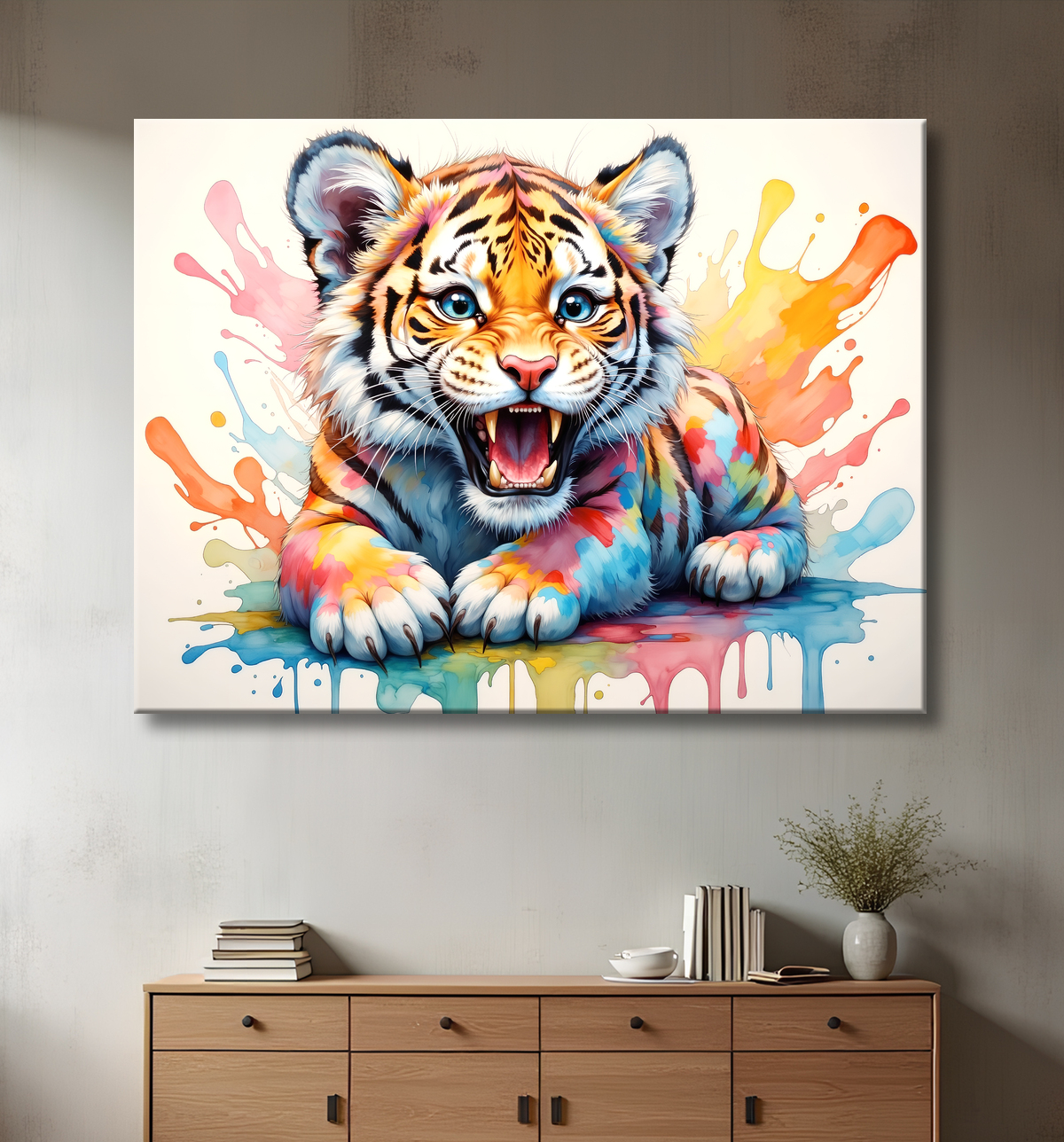 Tableau tigre pop art - Explosion de couleurs et style graphique avec decor