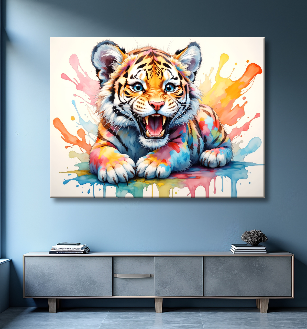 Tableau tigre pop art - Explosion de couleurs et style graphique avec decor