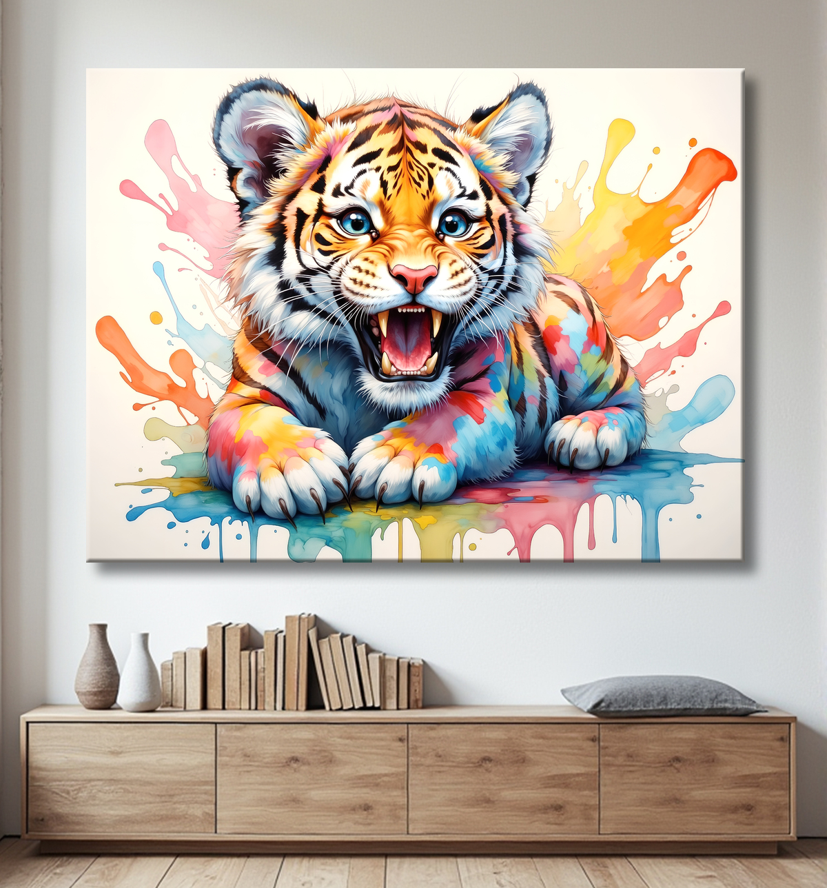 Tableau tigre pop art - Explosion de couleurs et style graphique avec decor