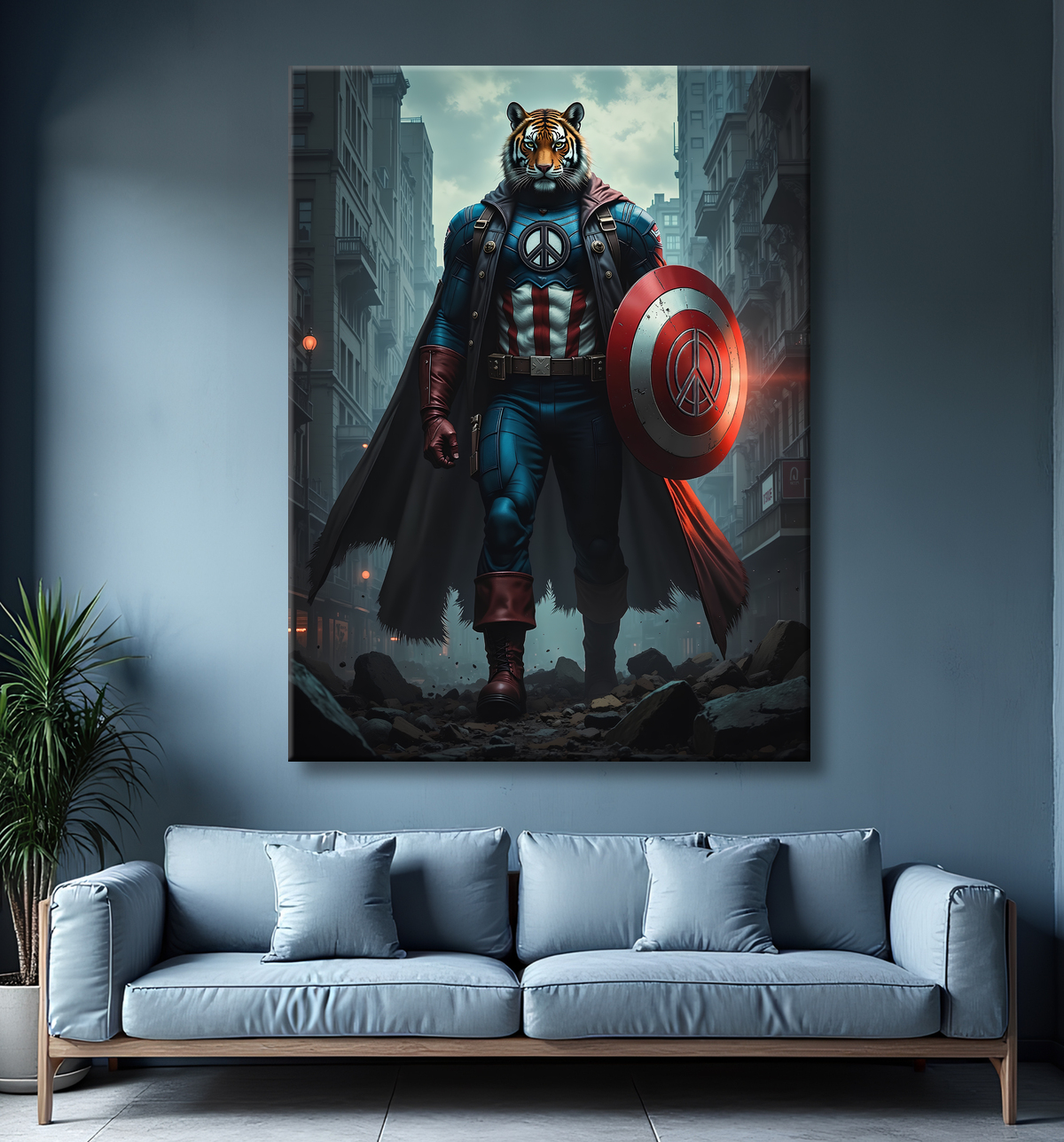 Tableau tigre super-héros | Toile urbaine humoristique et décalée avec decor
