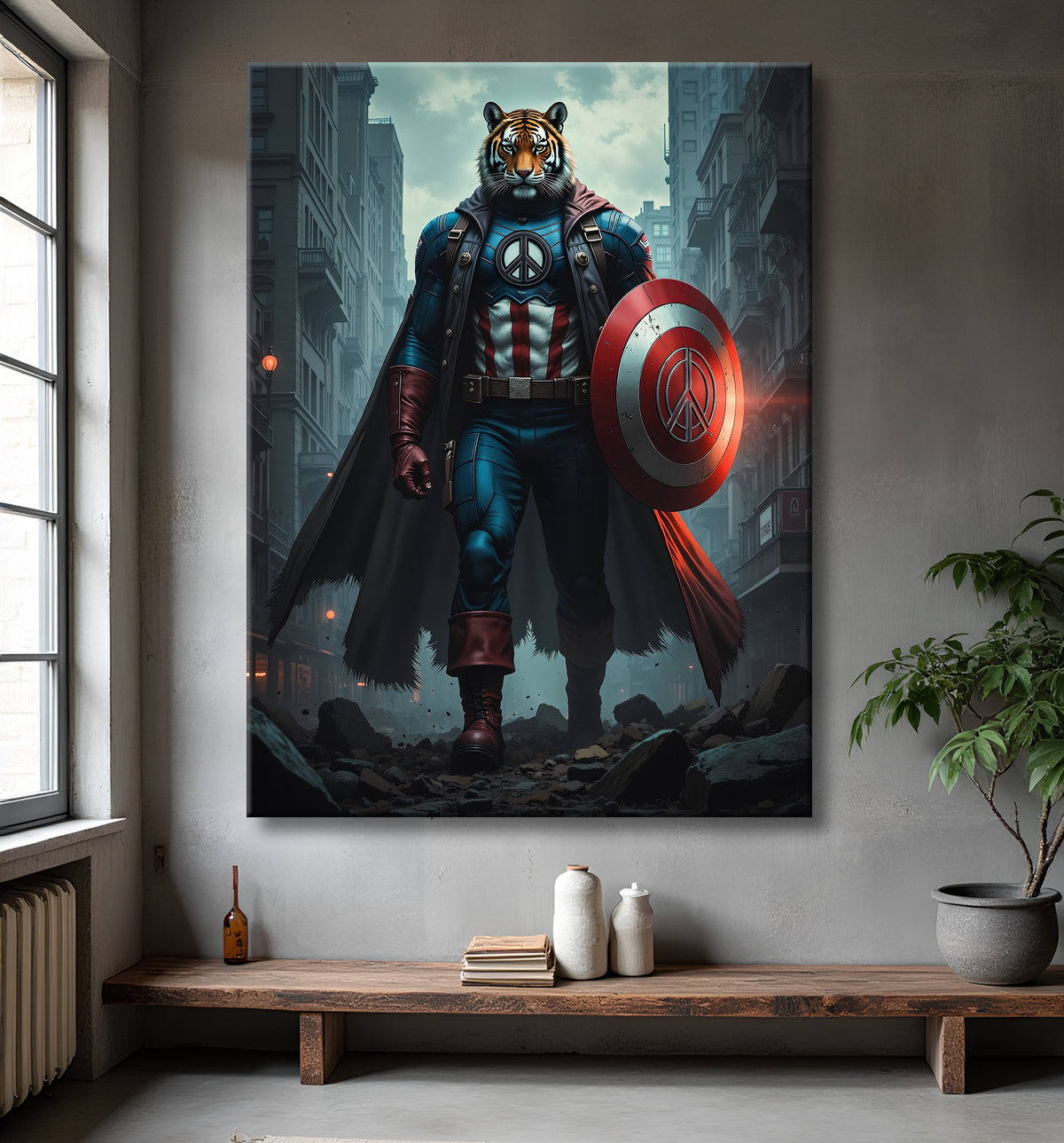 Tableau tigre super-héros | Toile urbaine humoristique et décalée avec decor
