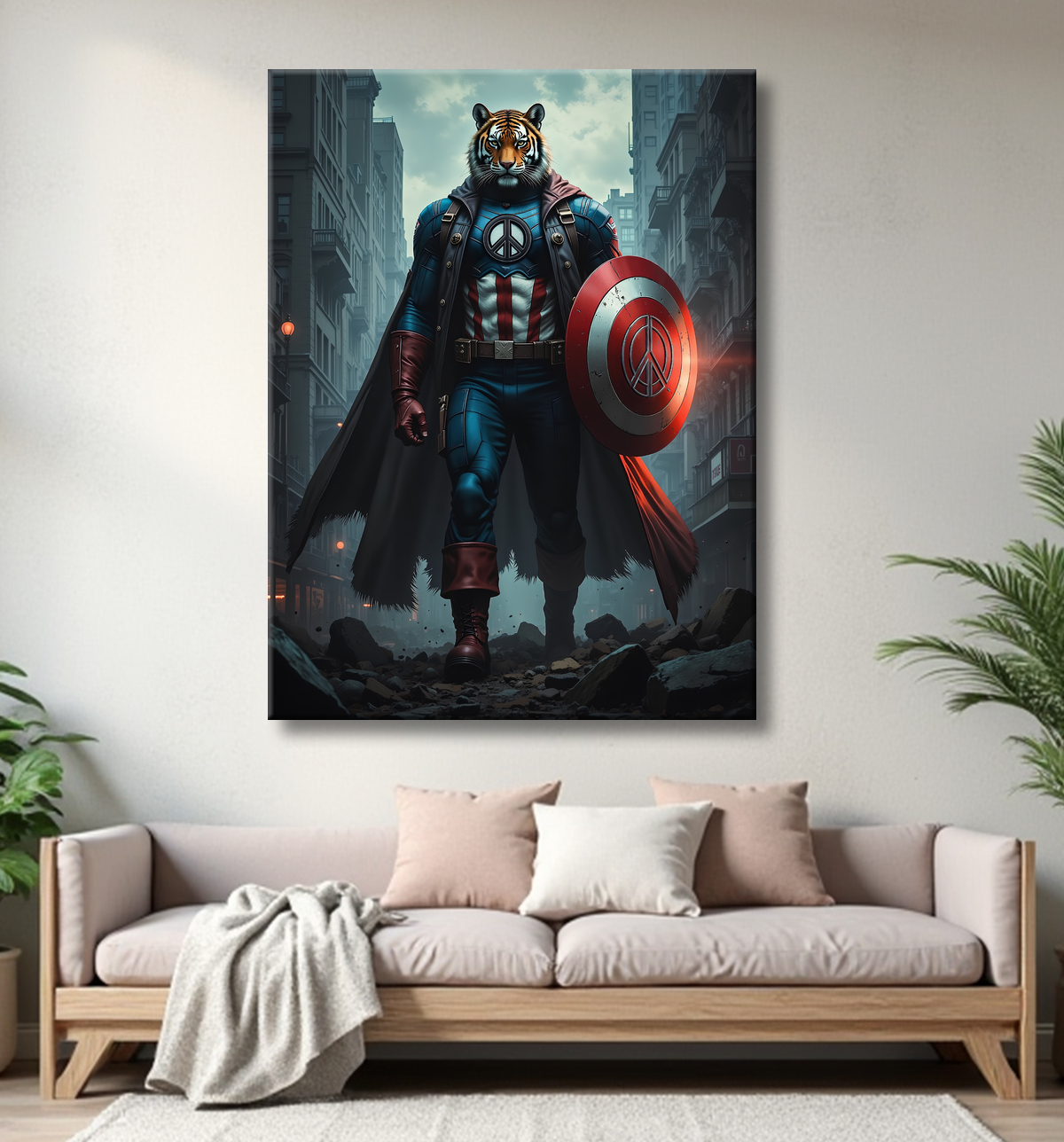 Tableau tigre super-héros | Toile urbaine humoristique et décalée avec decor