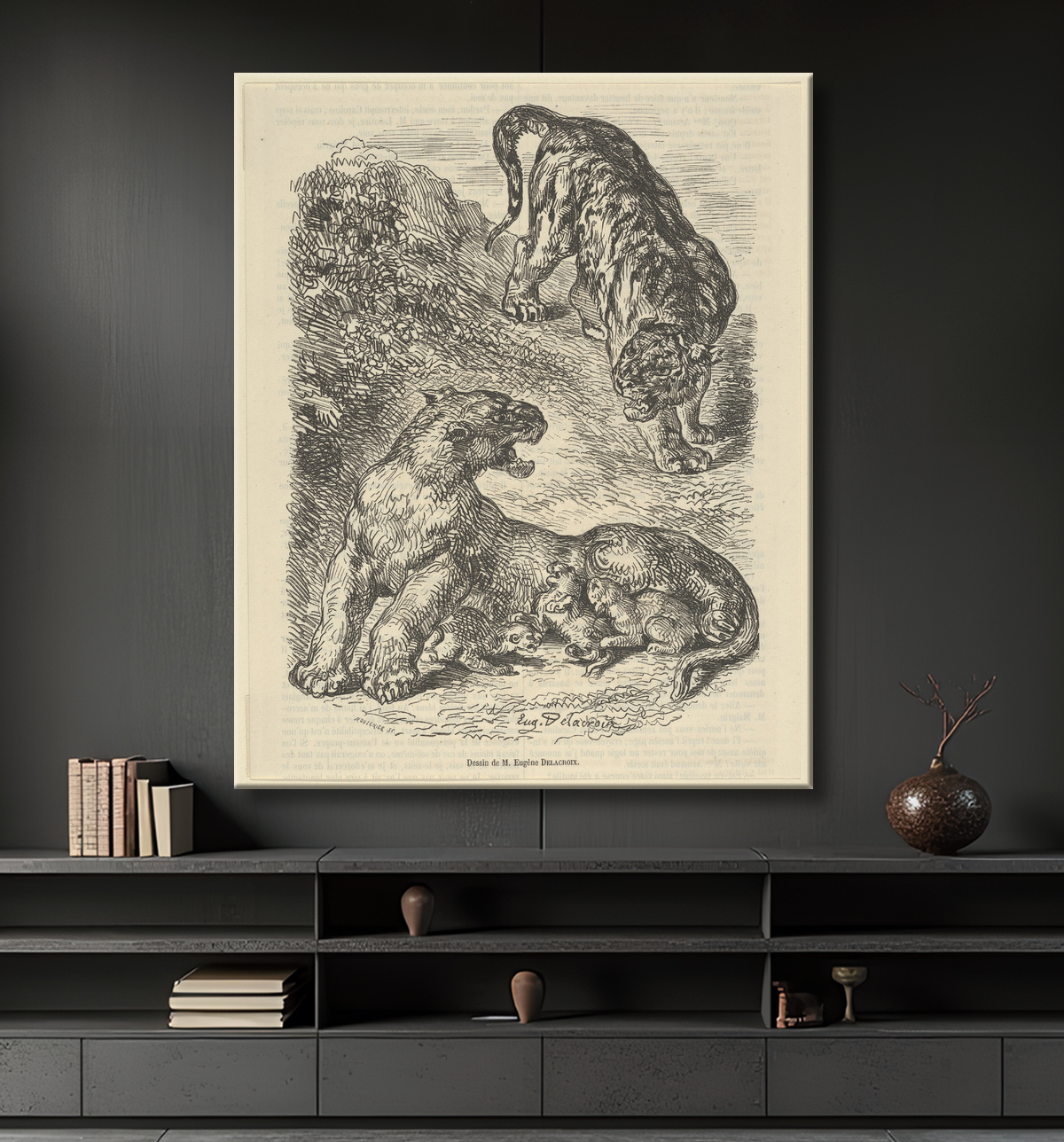Reproduction Tigresse attaquée par un tigre pendant qu'elle allaite son petit de Eugène Delacroix avec decor