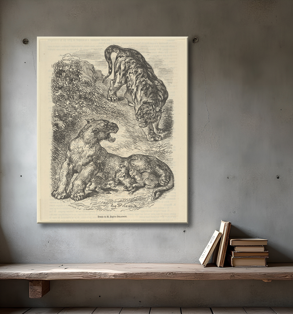 Reproduction Tigresse attaquée par un tigre pendant qu'elle allaite son petit de Eugène Delacroix avec decor