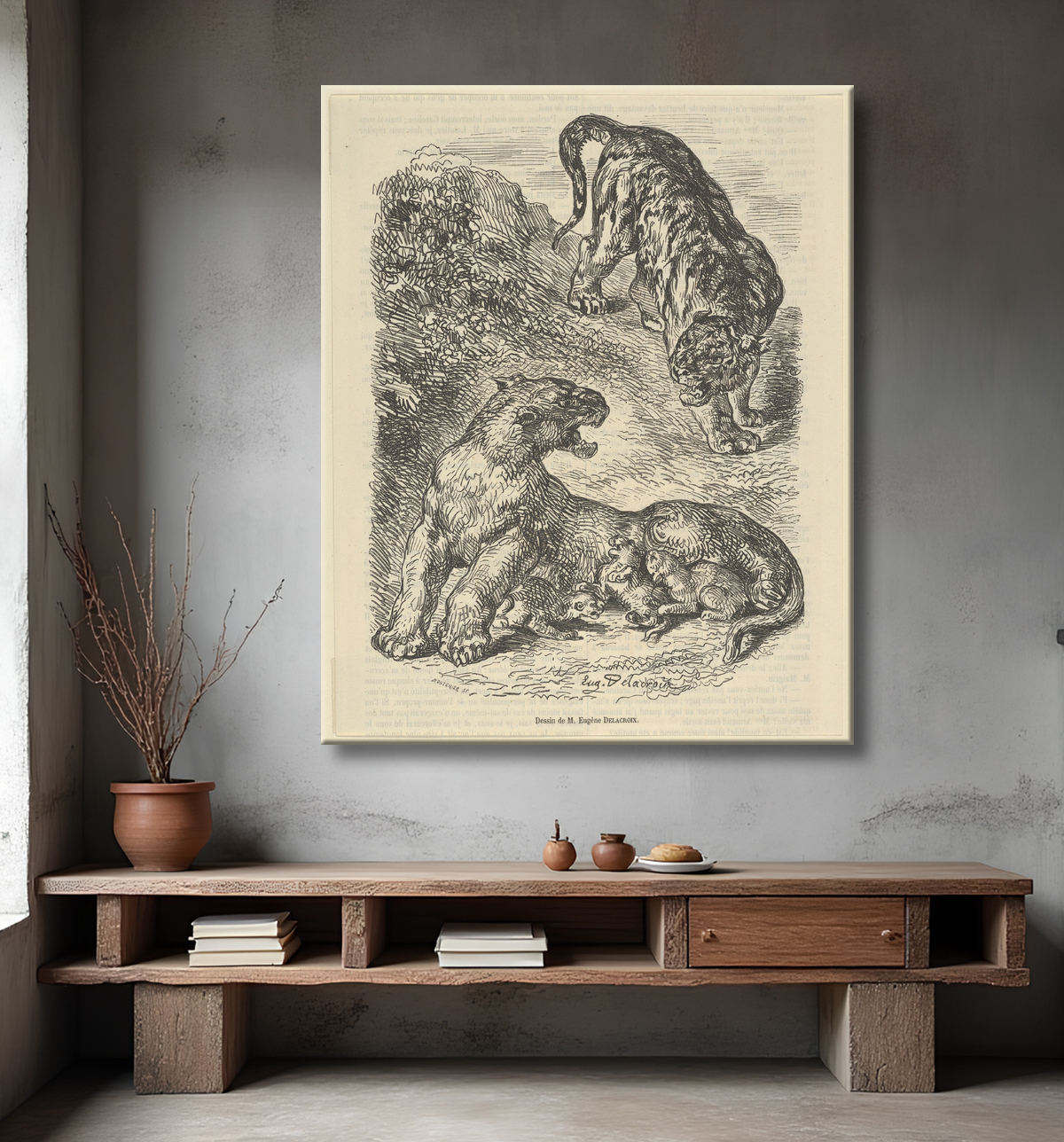 Reproduction Tigresse attaquée par un tigre pendant qu'elle allaite son petit de Eugène Delacroix avec decor