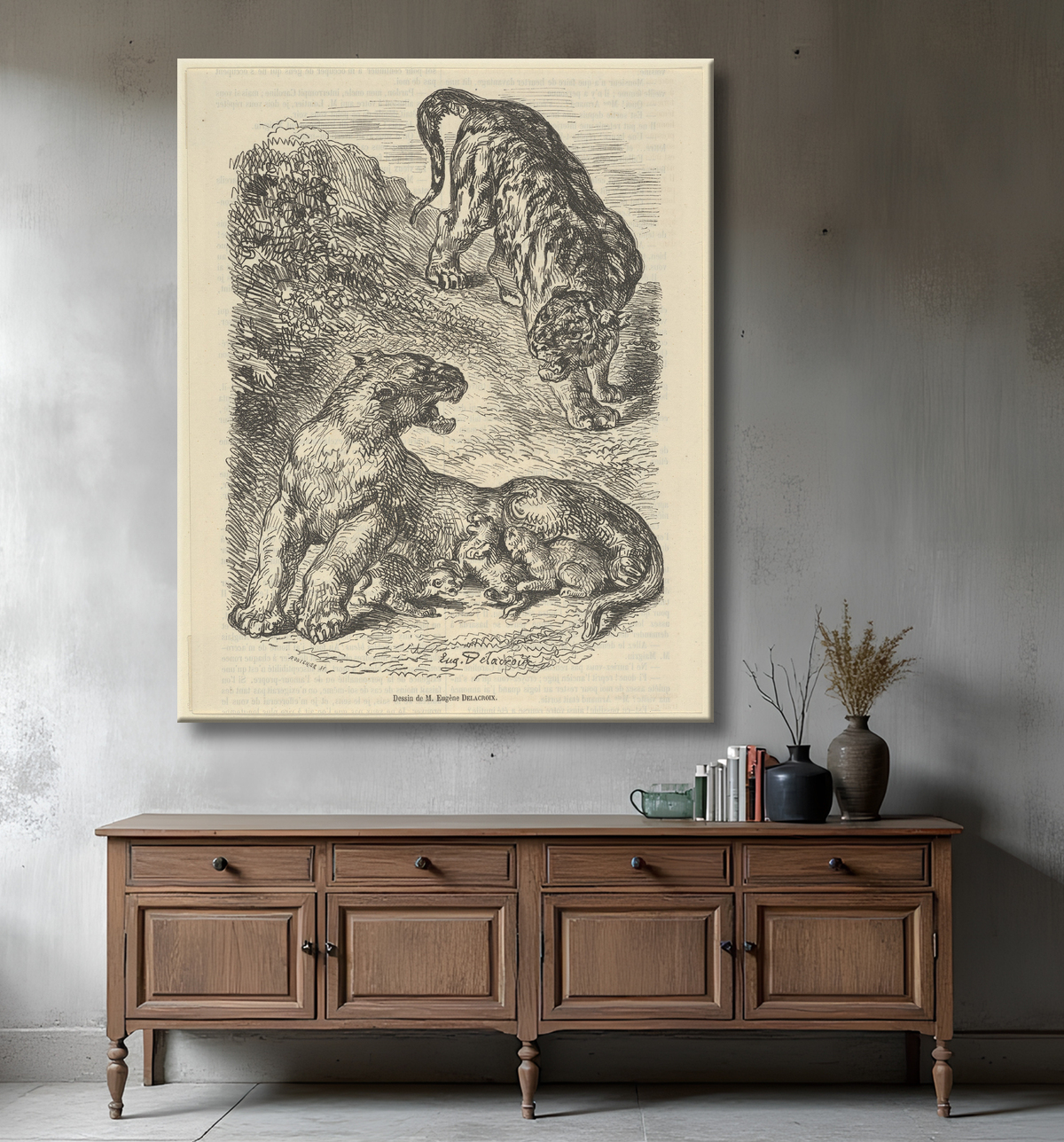 Reproduction Tigresse attaquée par un tigre pendant qu'elle allaite son petit de Eugène Delacroix avec decor