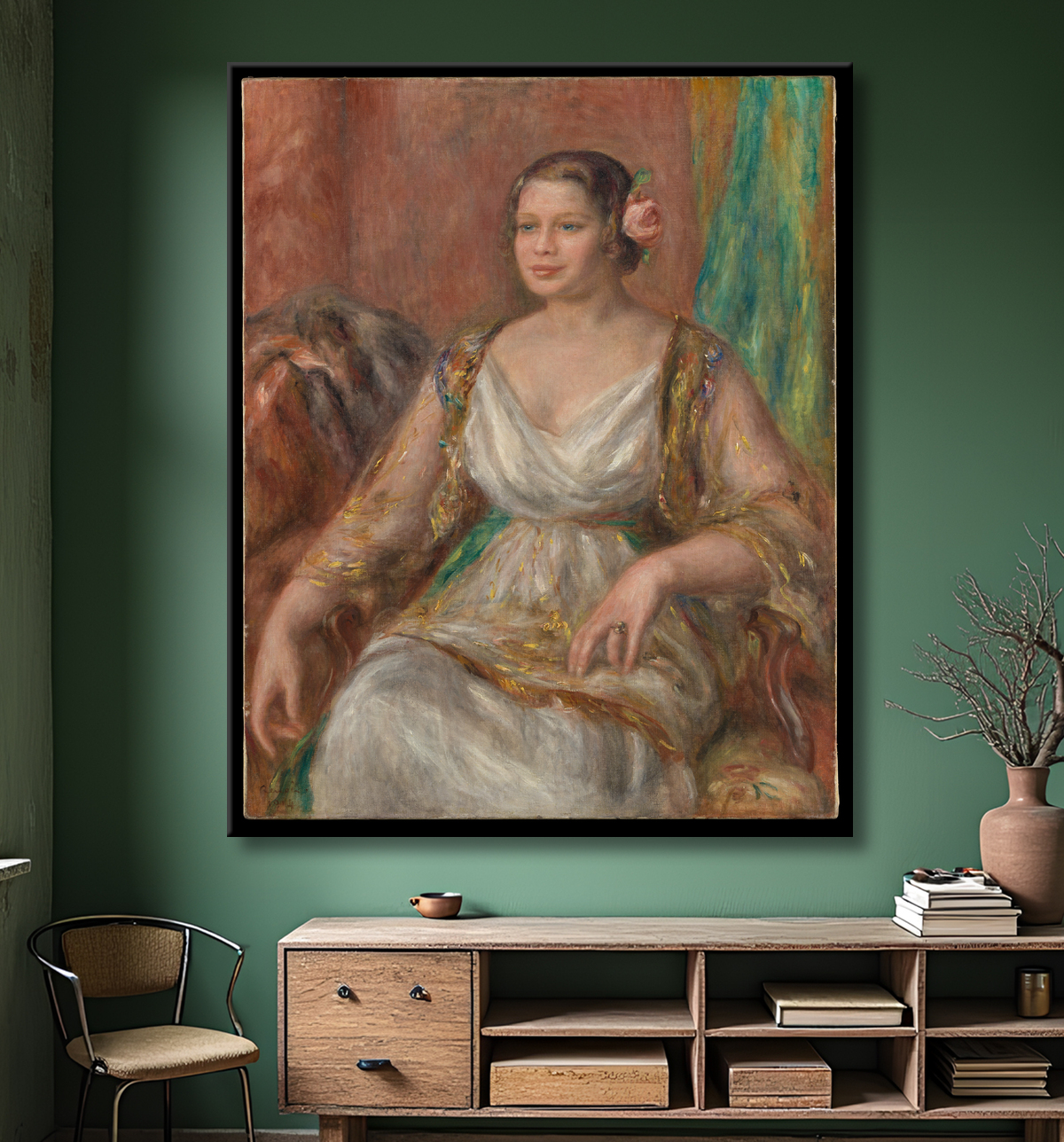 Reproduction Tilla Durieux (Ottilie Godeffroy, 1880-1971) de Auguste Renoir avec decor