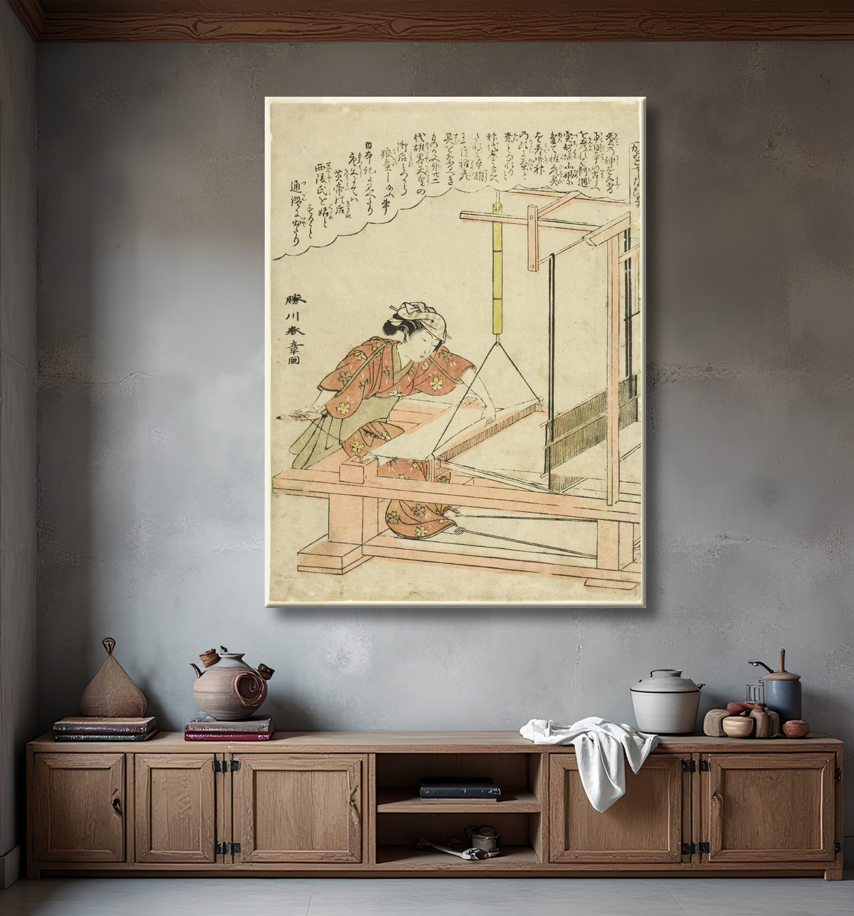 Reproduction Tissage de la soie, planche 11 de la série "Culture du ver à soie (Kaiko yashinai gusa)" de Katsukawa Shunsho avec decor