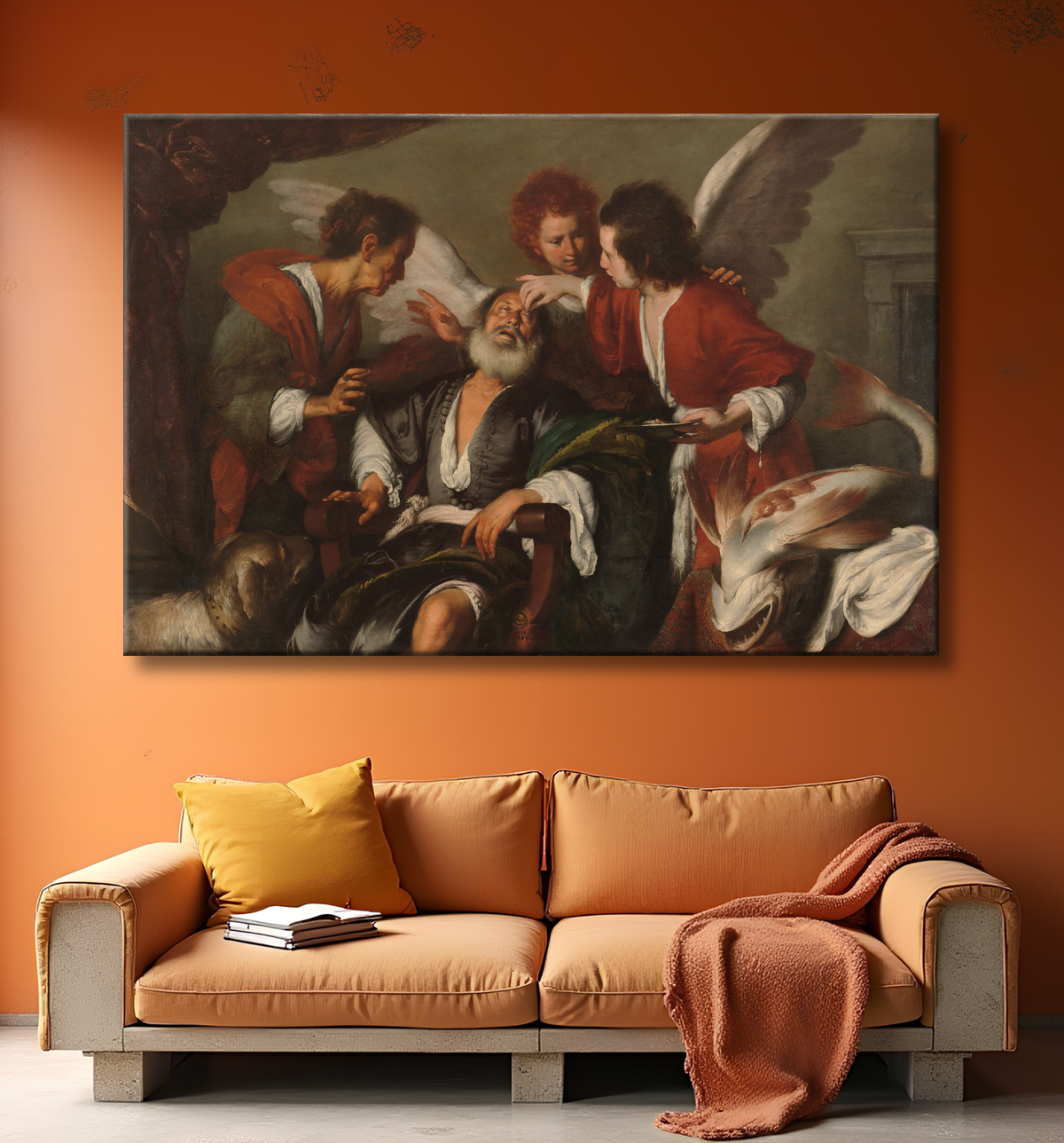 Reproduction Tobias guérit la cécité de son père de Bernardo Strozzi avec decor