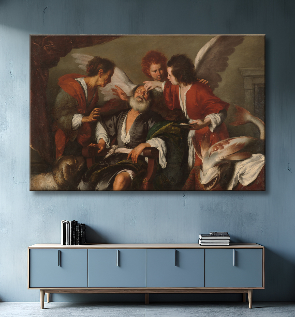 Reproduction Tobias guérit la cécité de son père de Bernardo Strozzi avec decor