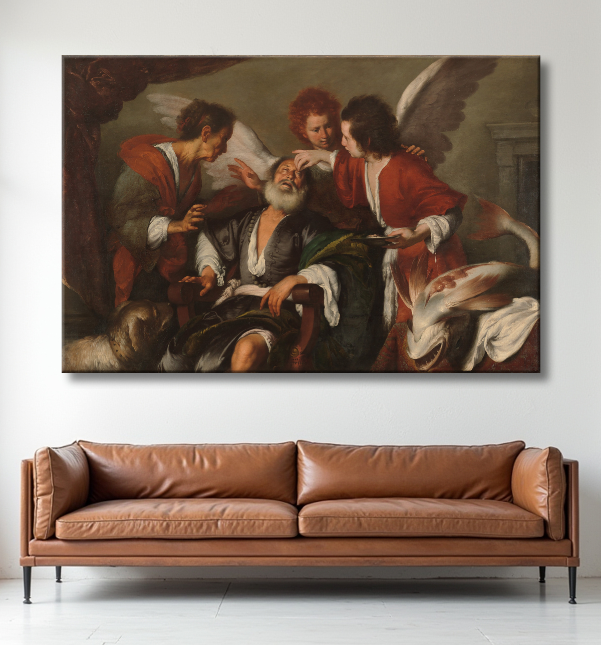Reproduction Tobias guérit la cécité de son père de Bernardo Strozzi avec decor
