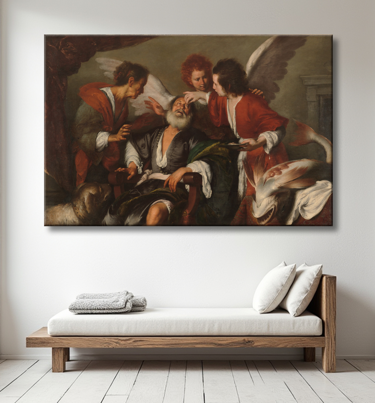 Reproduction Tobias guérit la cécité de son père de Bernardo Strozzi avec decor