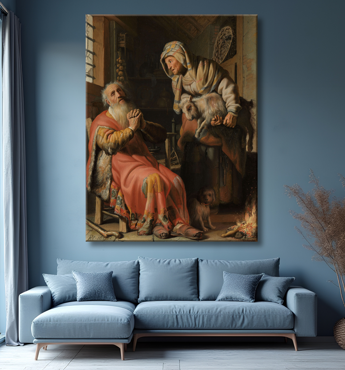 Reproduction Tobie et Anna avec l'enfant de Rembrandt van Rijn avec decor
