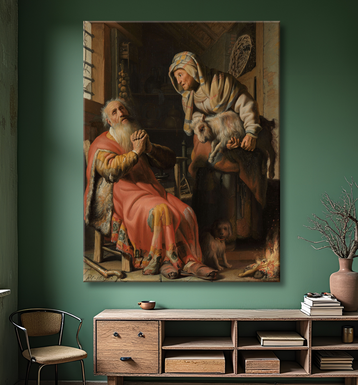 Reproduction Tobie et Anna avec l'enfant de Rembrandt van Rijn avec decor