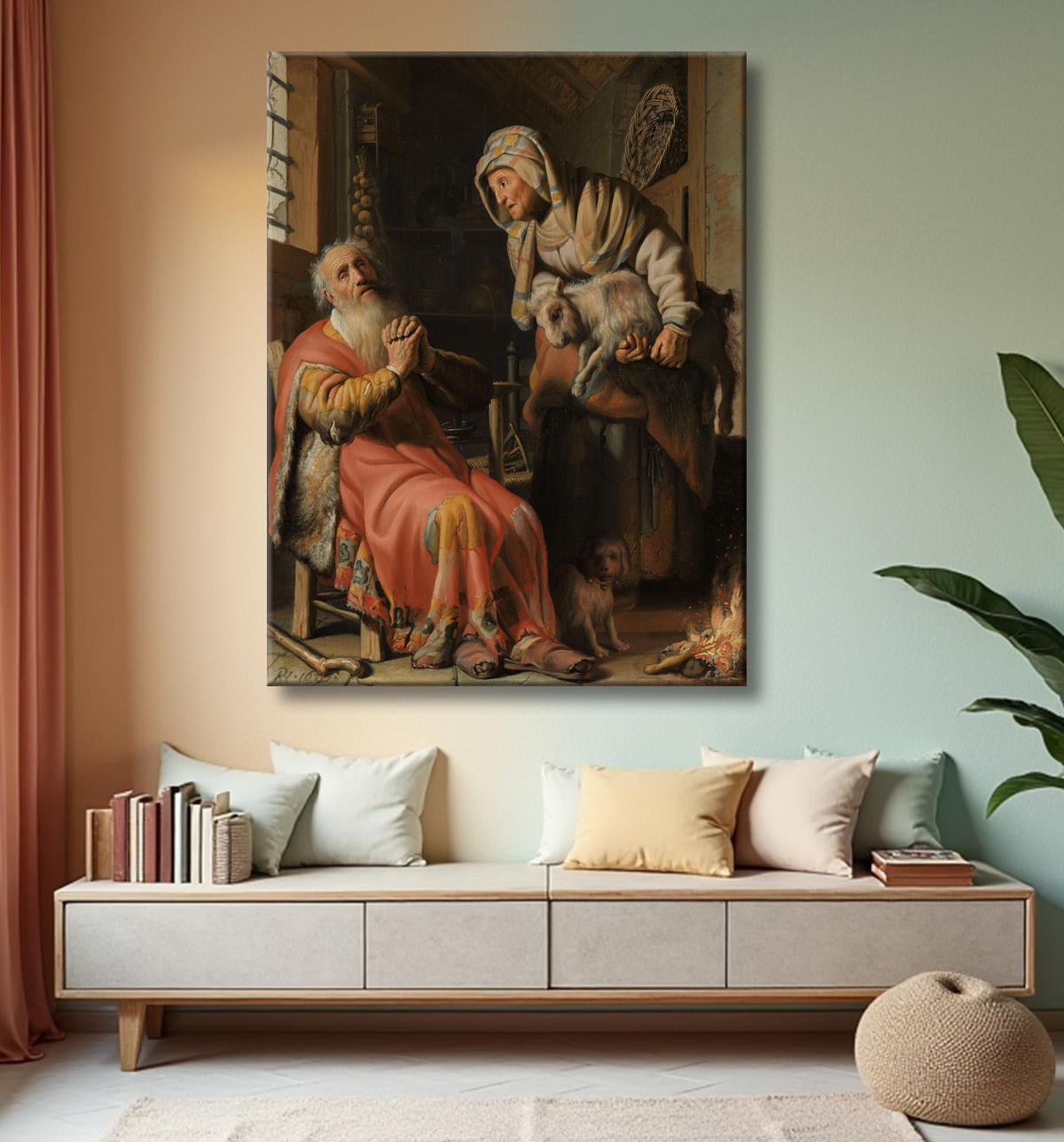 Reproduction Tobie et Anna avec l'enfant de Rembrandt van Rijn avec decor