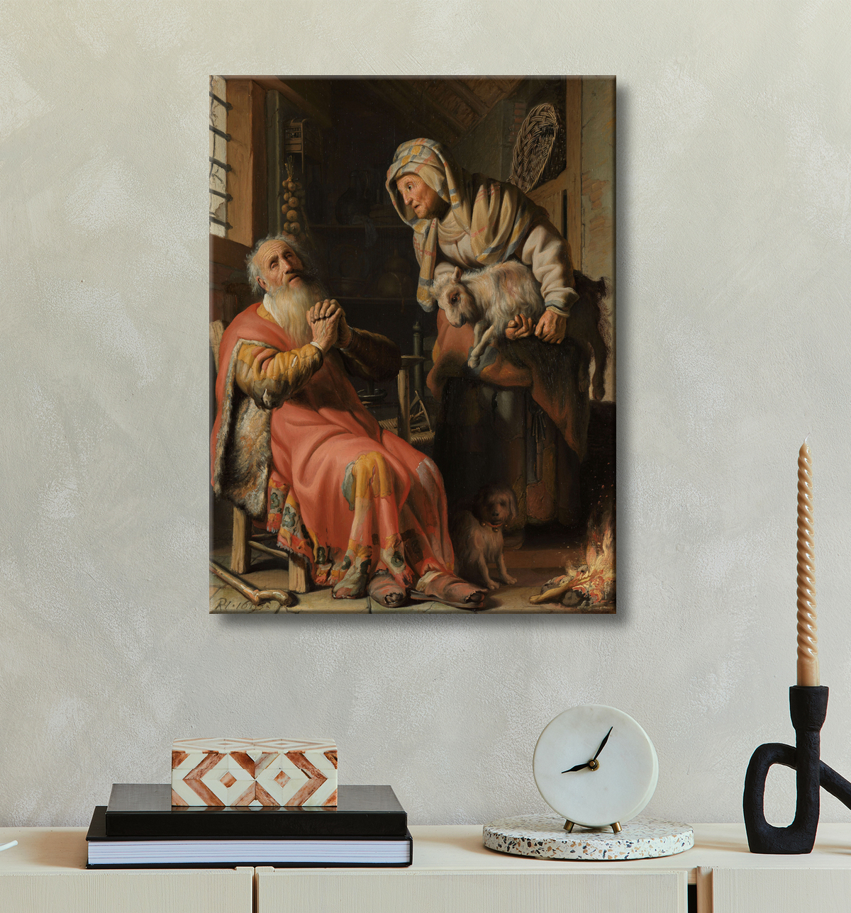 Reproduction Tobie et Anna avec l'enfant de Rembrandt van Rijn avec decor