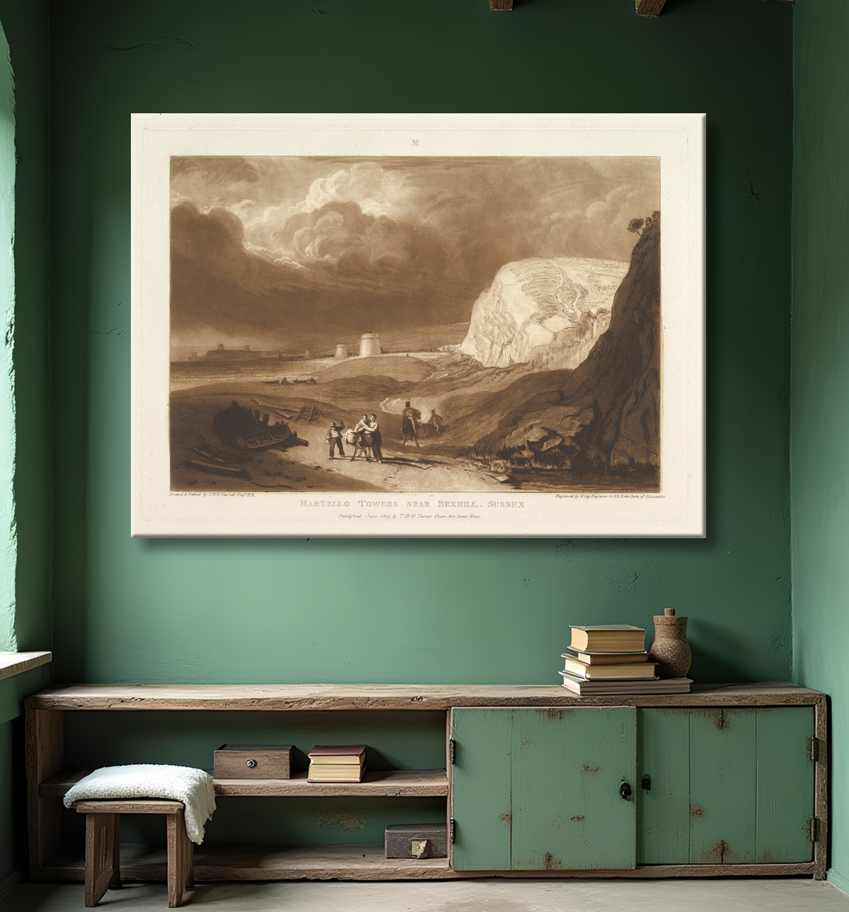 Reproduction Tours Martello près de Bexhill, Sussex (Liber Studiorum, partie VII, planche 34) de Joseph Mallord William Turner avec decor