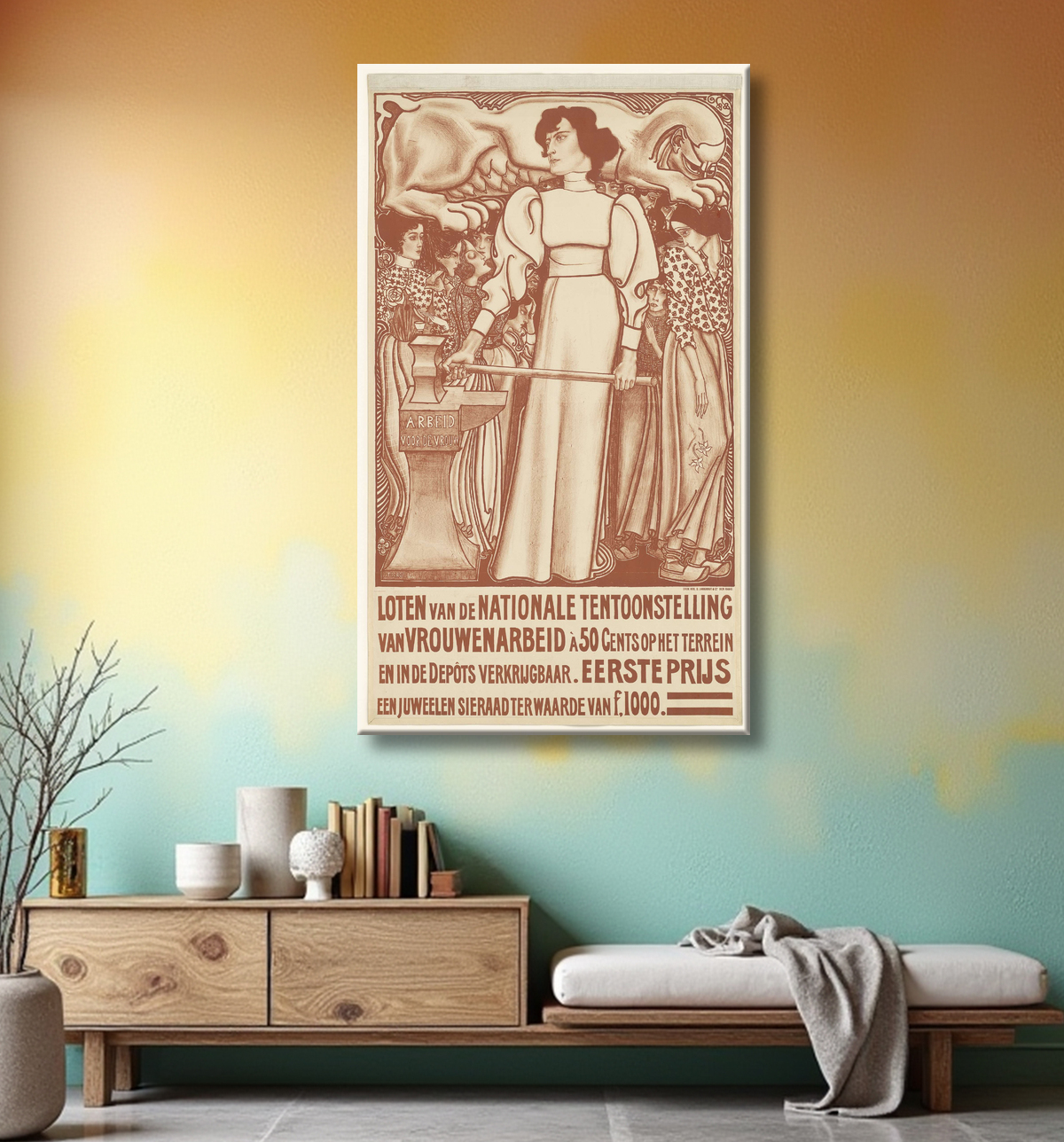 Reproduction Travail pour la femme. Billets de l'Exposition Nationale du Travail Féminin à 50 centimes disponibles sur place et dans les Dépôts. Premier prix un bijou d'une valeur de f.1000,- de Jan Toorop avec decor