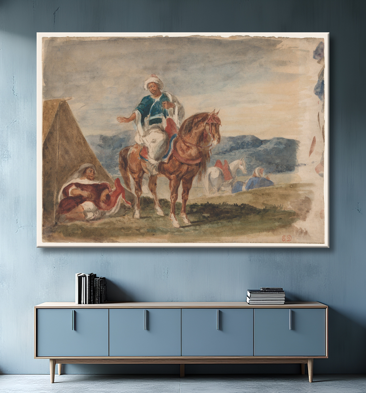 Reproduction Trois cavaliers arabes dans un campement de Eugène Delacroix avec decor