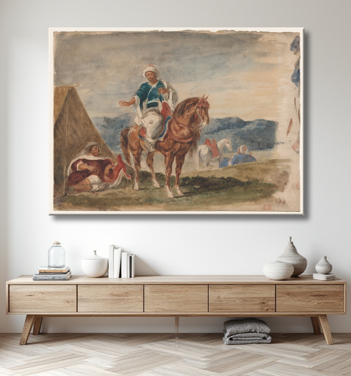 Reproduction Trois cavaliers arabes dans un campement de Eugène Delacroix avec decor