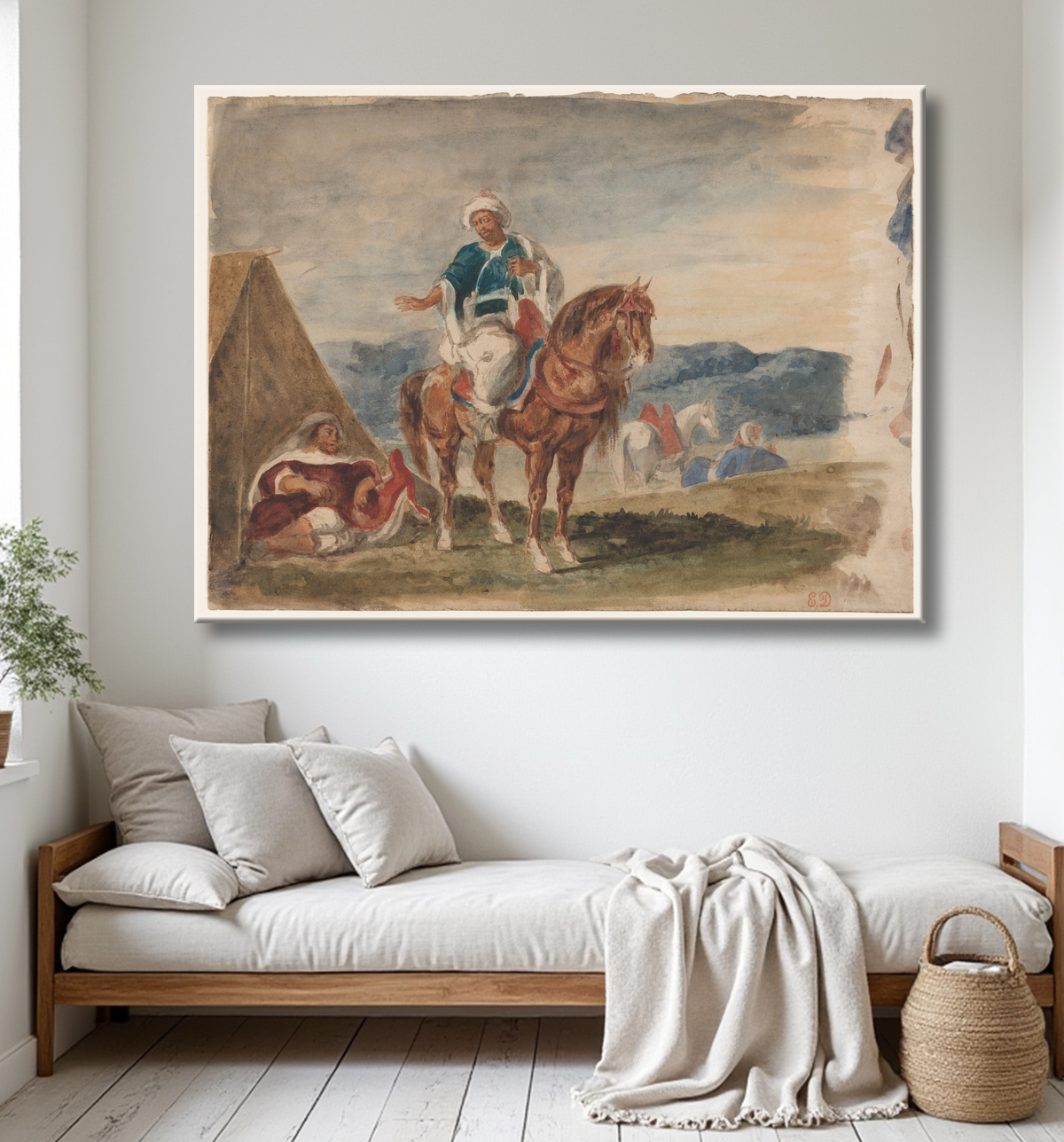Reproduction Trois cavaliers arabes dans un campement de Eugène Delacroix avec decor