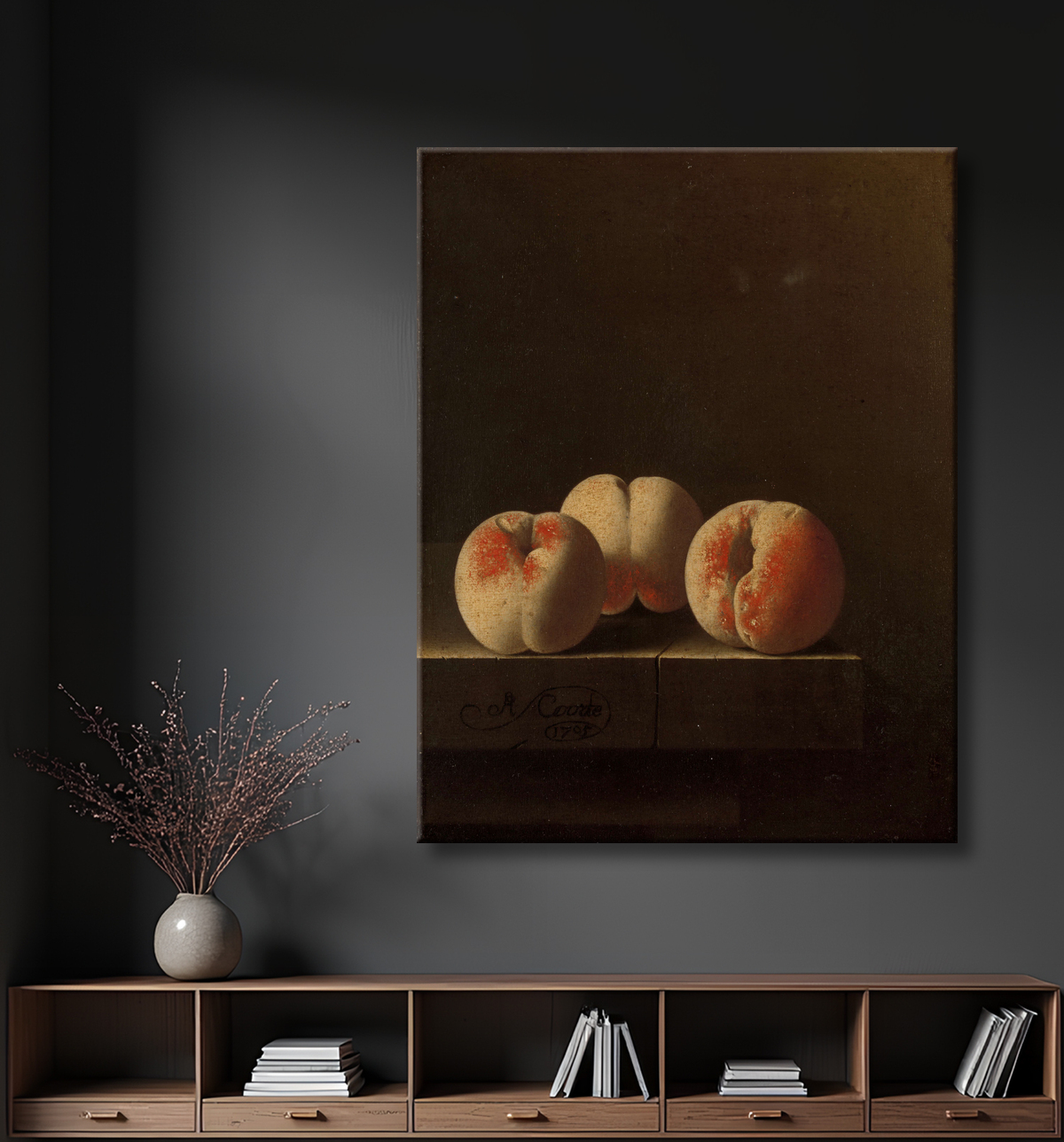 Reproduction Trois pêches sur un socle en pierre de Adriaen Coorte avec decor