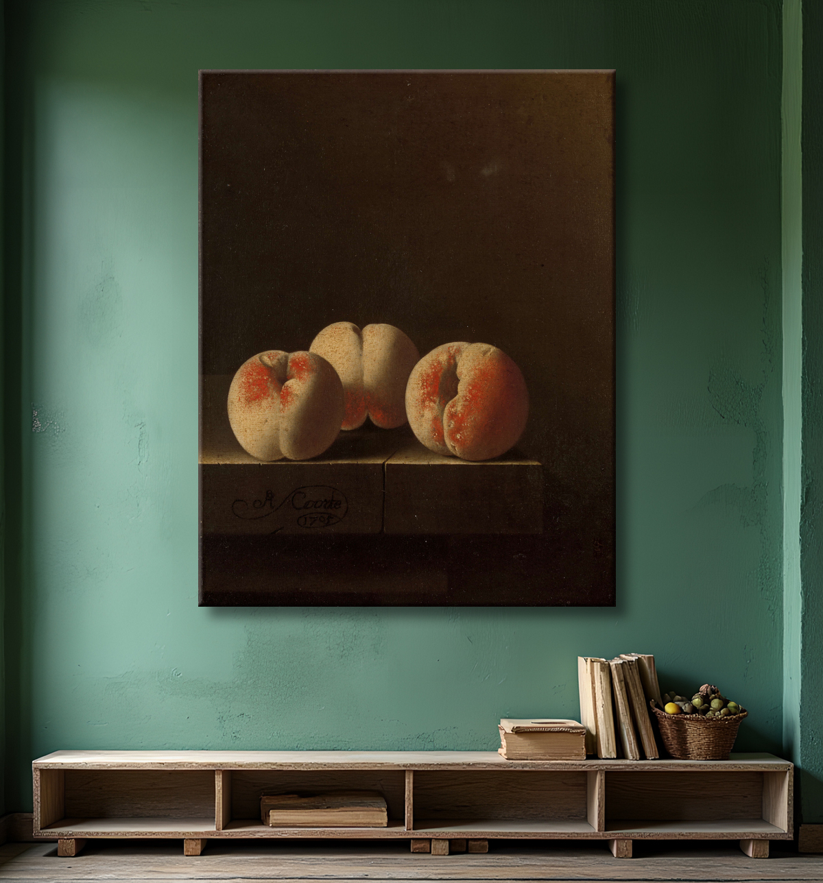 Reproduction Trois pêches sur un socle en pierre de Adriaen Coorte avec decor