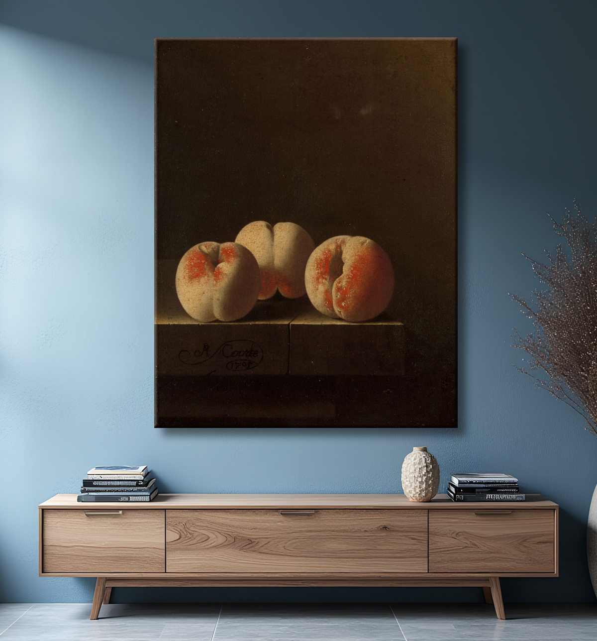 Reproduction Trois pêches sur un socle en pierre de Adriaen Coorte avec decor