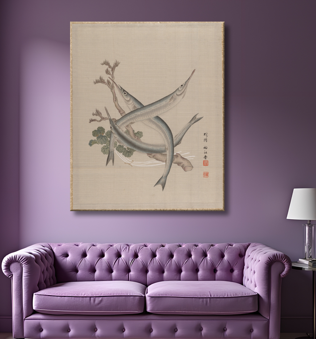 Reproduction Trois poissons et une branche de Seki Shūkō avec decor