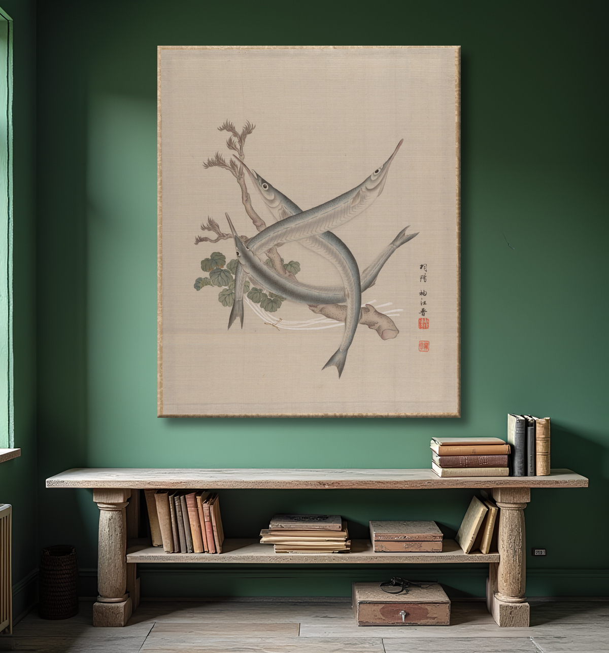 Reproduction Trois poissons et une branche de Seki Shūkō avec decor