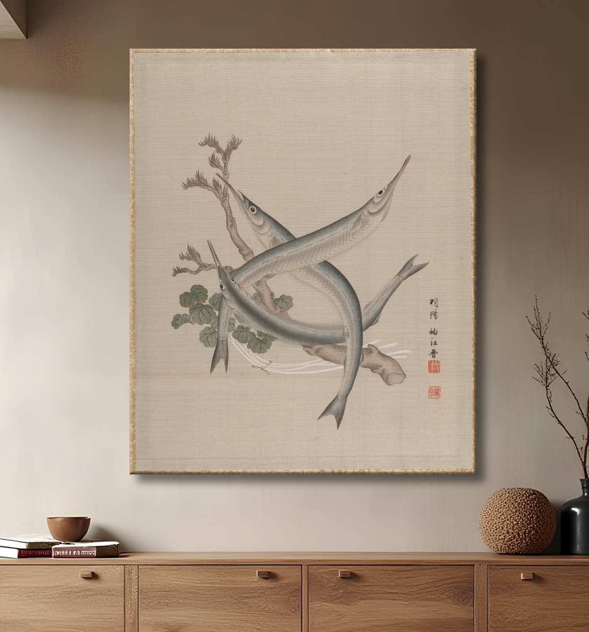 Reproduction Trois poissons et une branche de Seki Shūkō avec decor