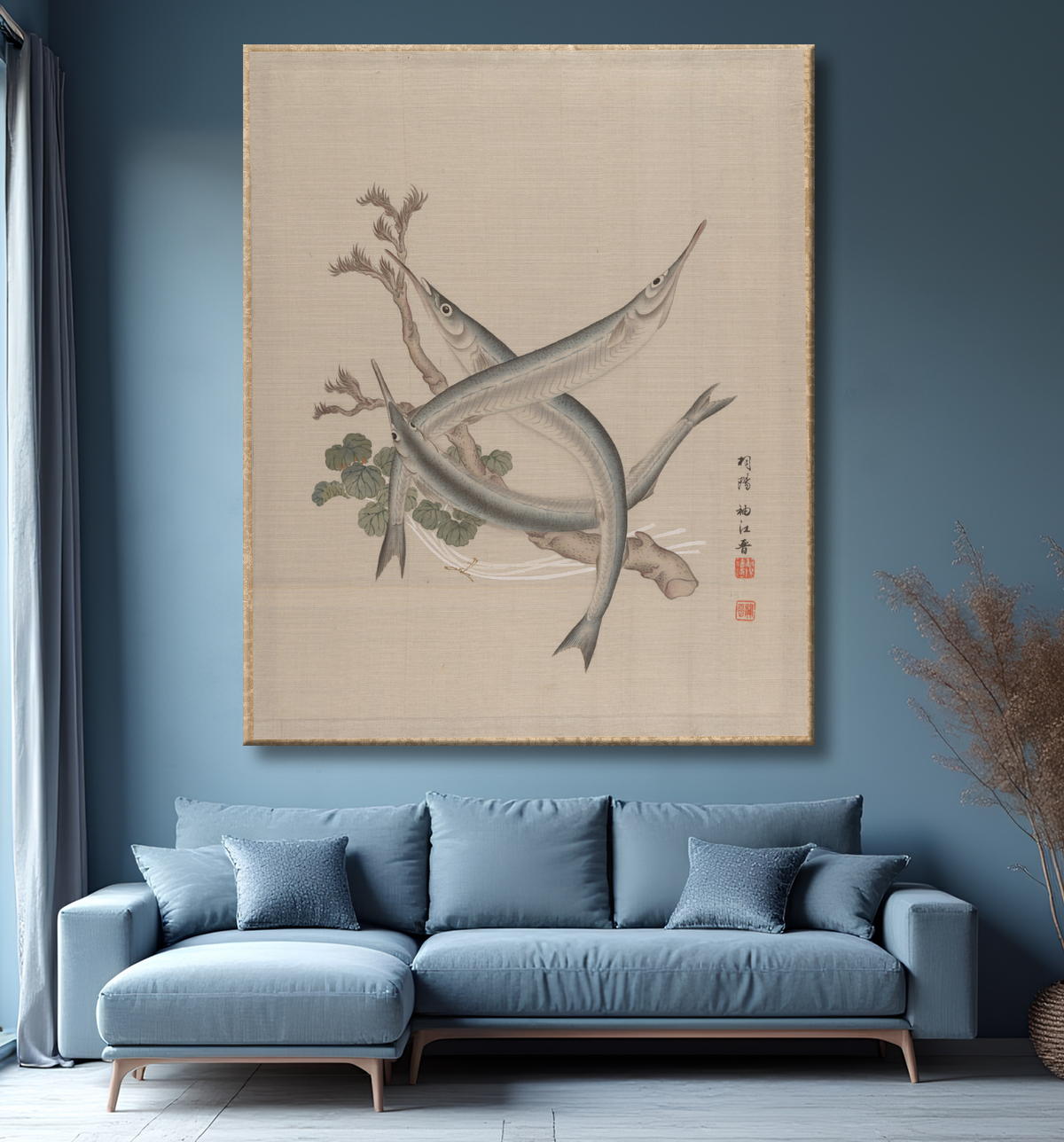 Reproduction Trois poissons et une branche de Seki Shūkō avec decor