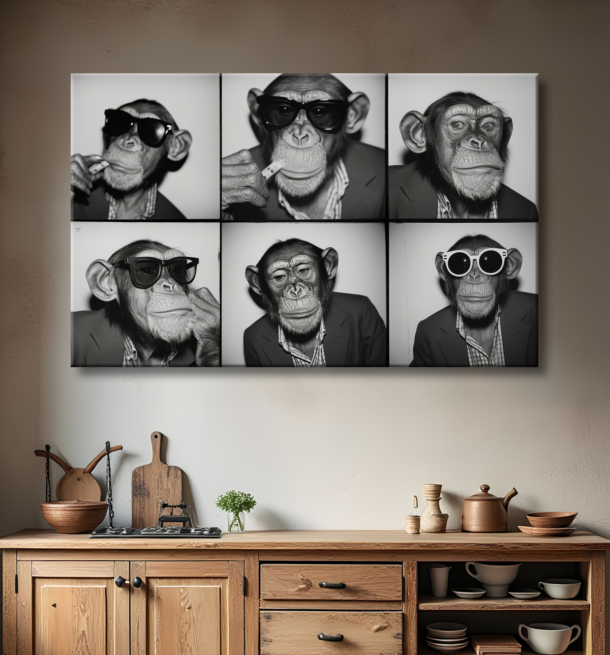 Tableau chimpanzé en trombinoscope avec decor