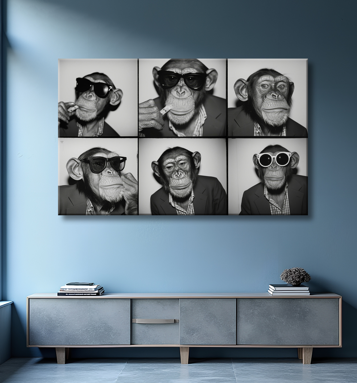 Tableau chimpanzé en trombinoscope avec decor