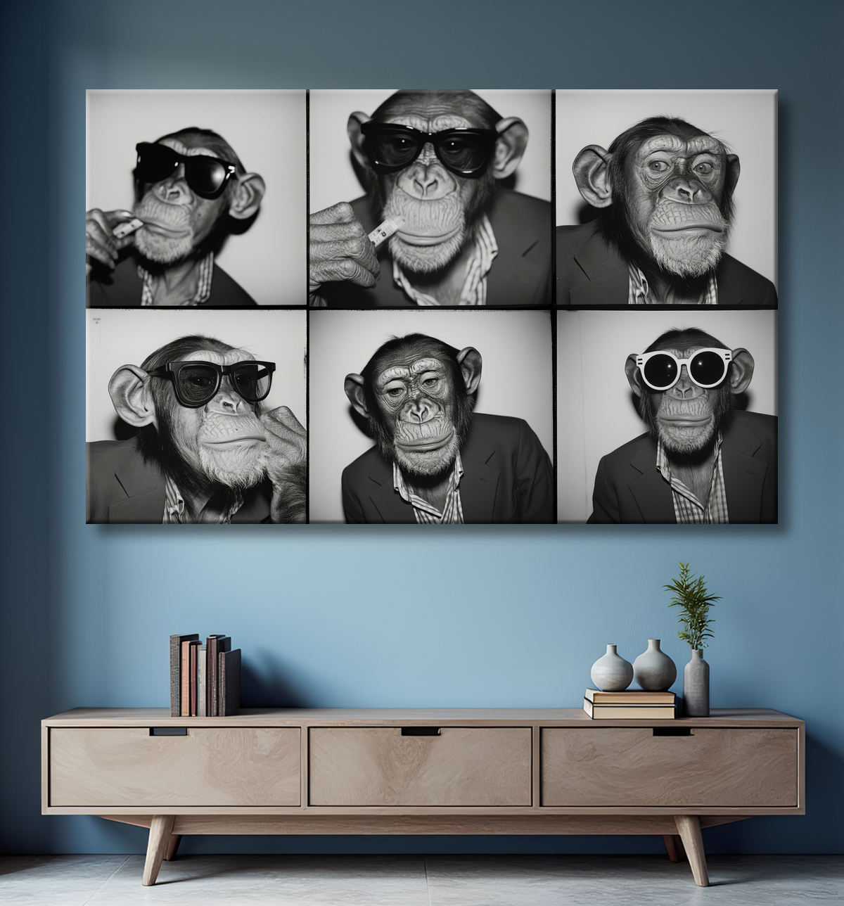 Tableau chimpanzé en trombinoscope avec decor