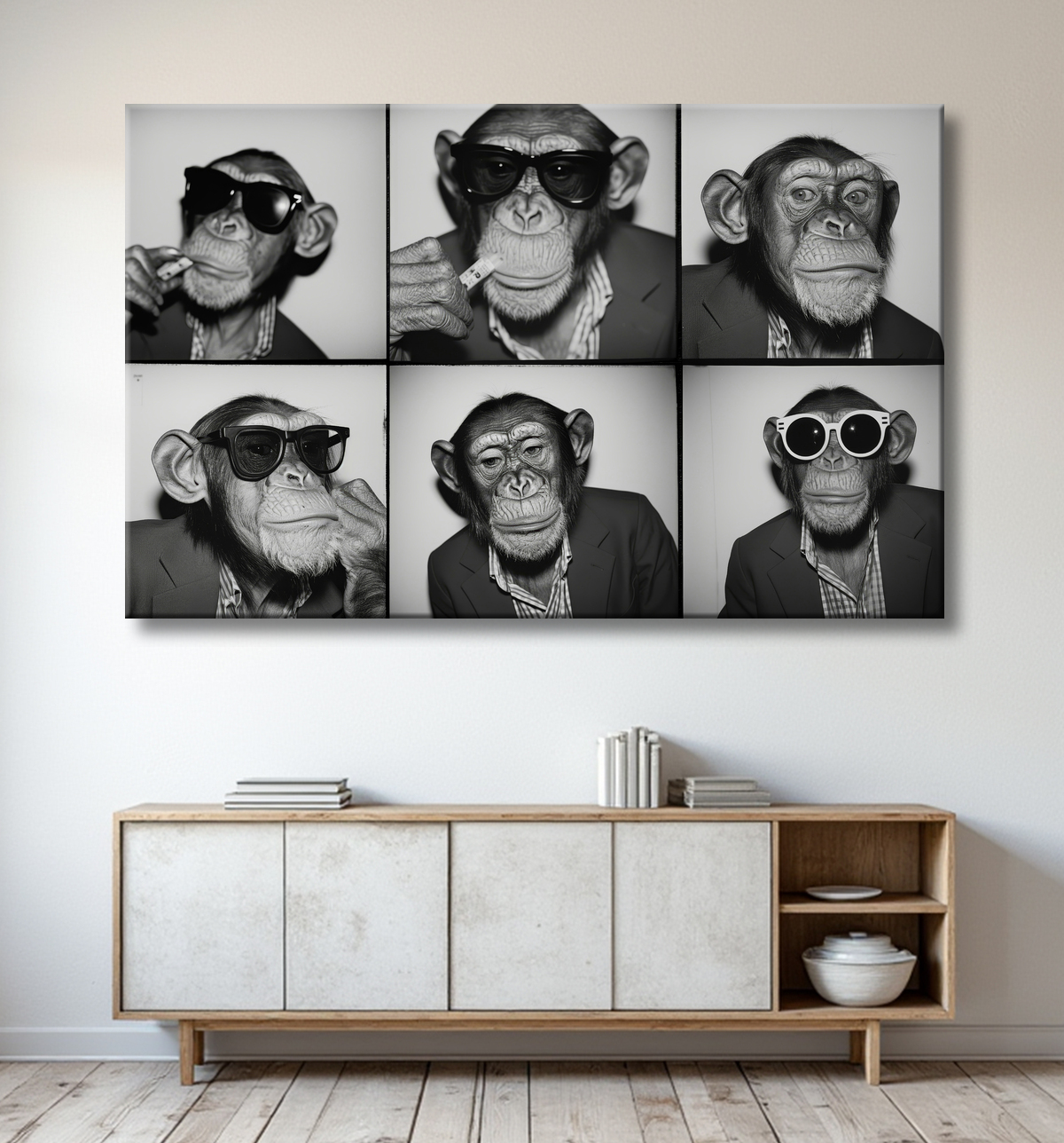 Tableau chimpanzé en trombinoscope avec decor