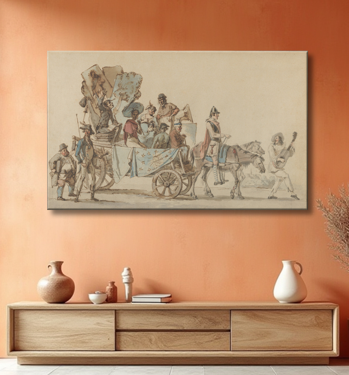 Reproduction Troupe de théâtre sur la route de Eugène Delacroix avec decor