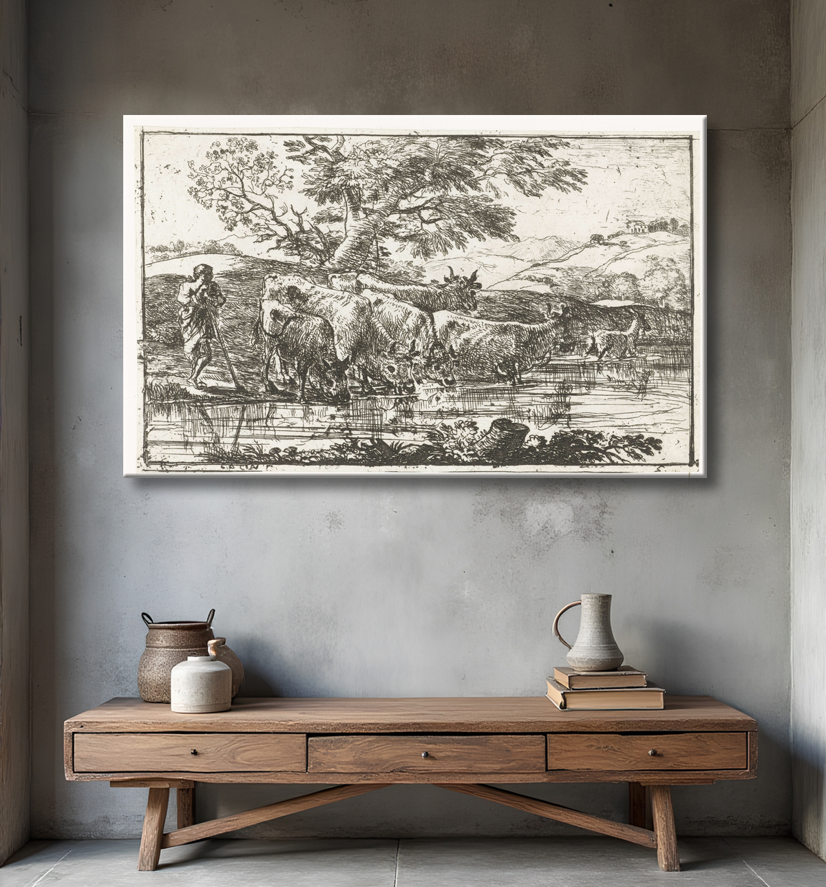 Reproduction Troupeau à l'abreuvoir de Claude Lorrain avec decor