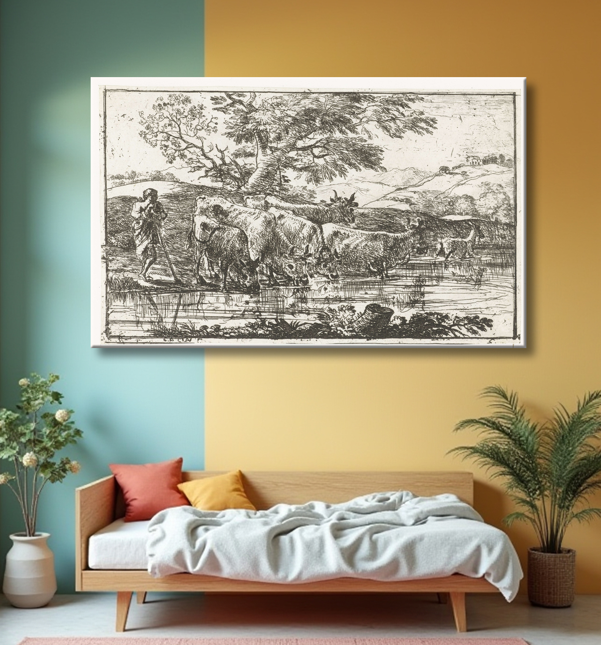 Reproduction Troupeau à l'abreuvoir de Claude Lorrain avec decor