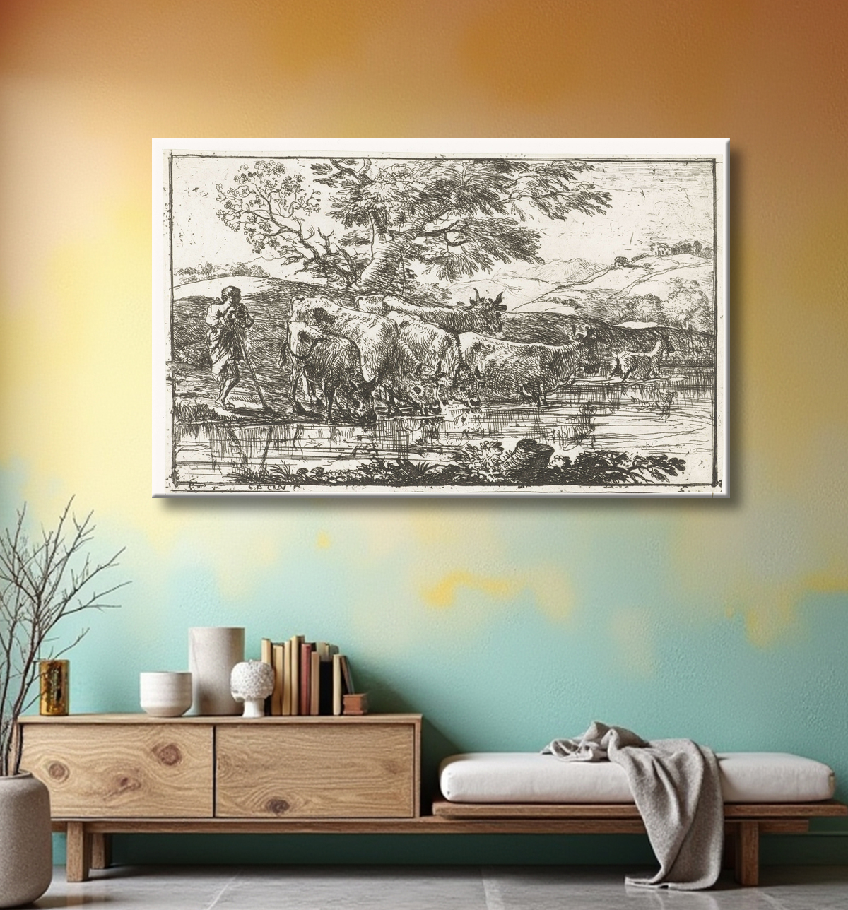 Reproduction Troupeau à l'abreuvoir de Claude Lorrain avec decor