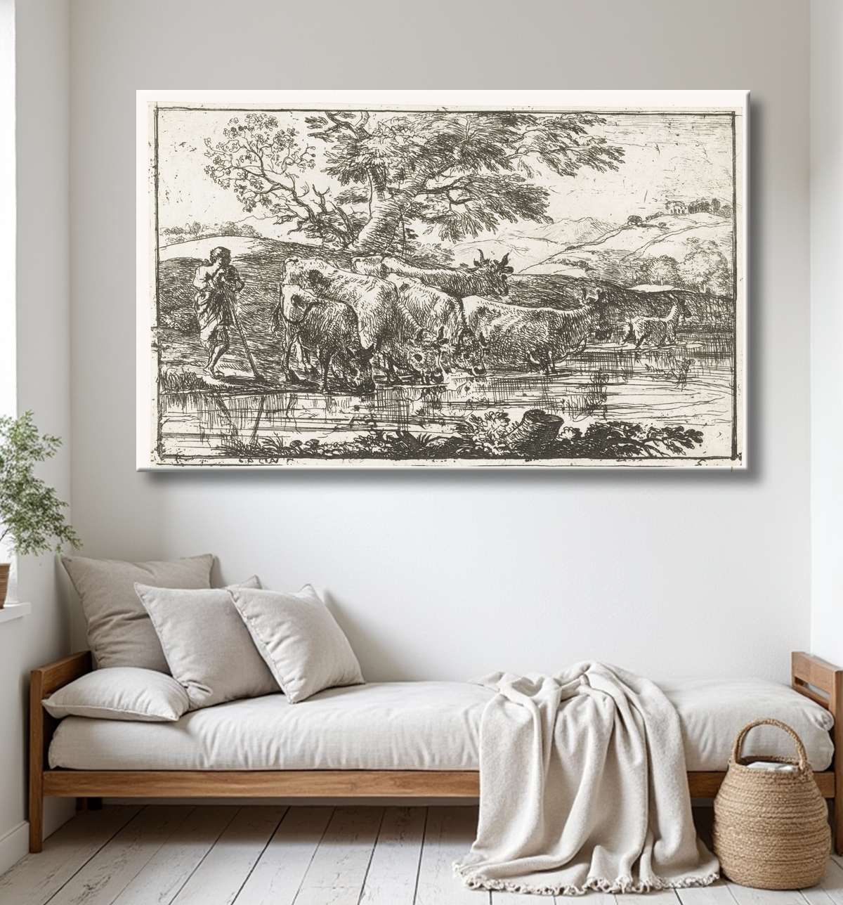 Reproduction Troupeau à l'abreuvoir de Claude Lorrain avec decor