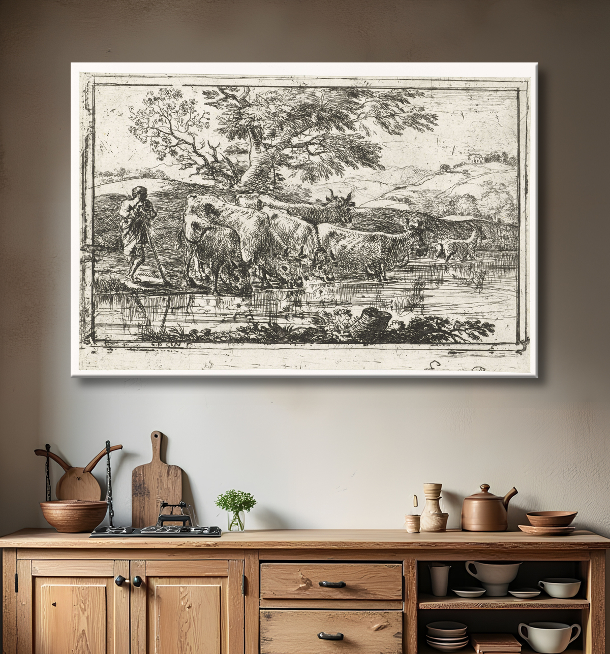 Reproduction Troupeau à l'abreuvoir de Claude Lorrain avec decor