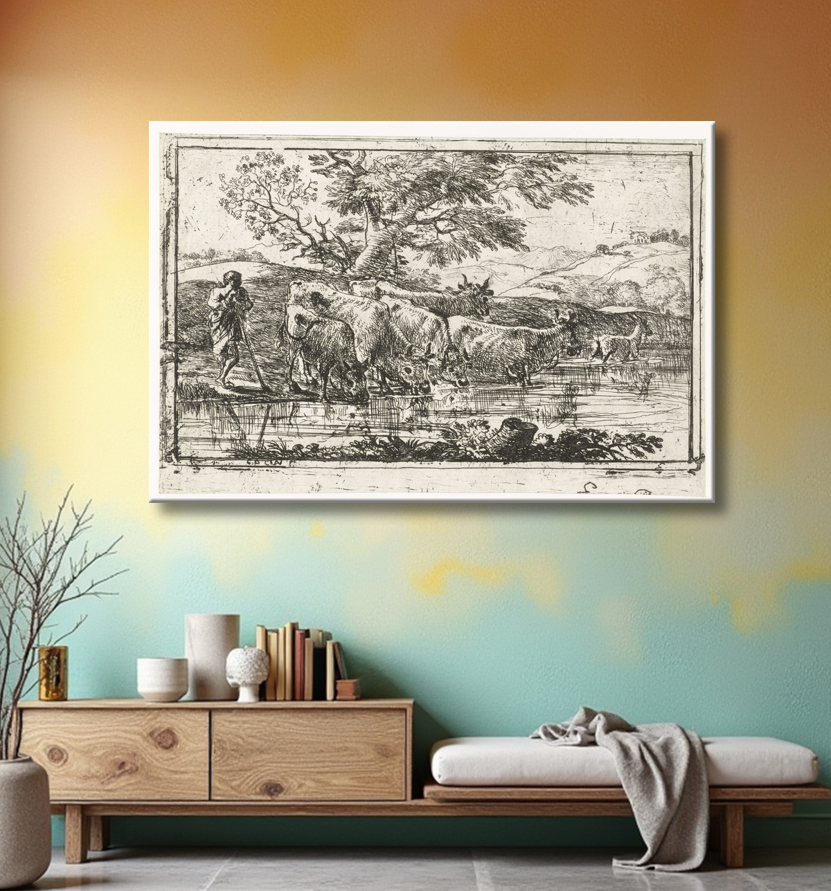 Reproduction Troupeau à l'abreuvoir de Claude Lorrain avec decor