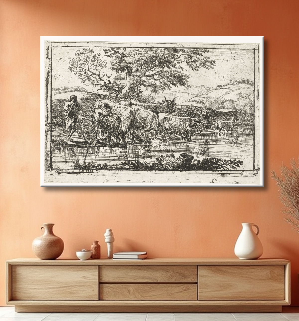 Reproduction Troupeau à l'abreuvoir de Claude Lorrain avec decor