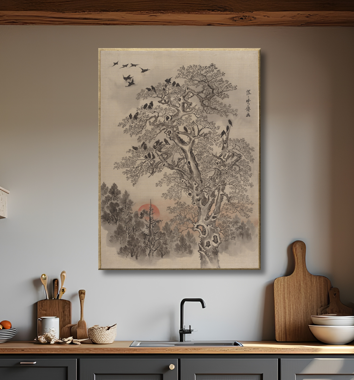 Reproduction Troupeau de corbeaux à l'aube de Kawanabe Kyōsai 河鍋暁斎 avec decor