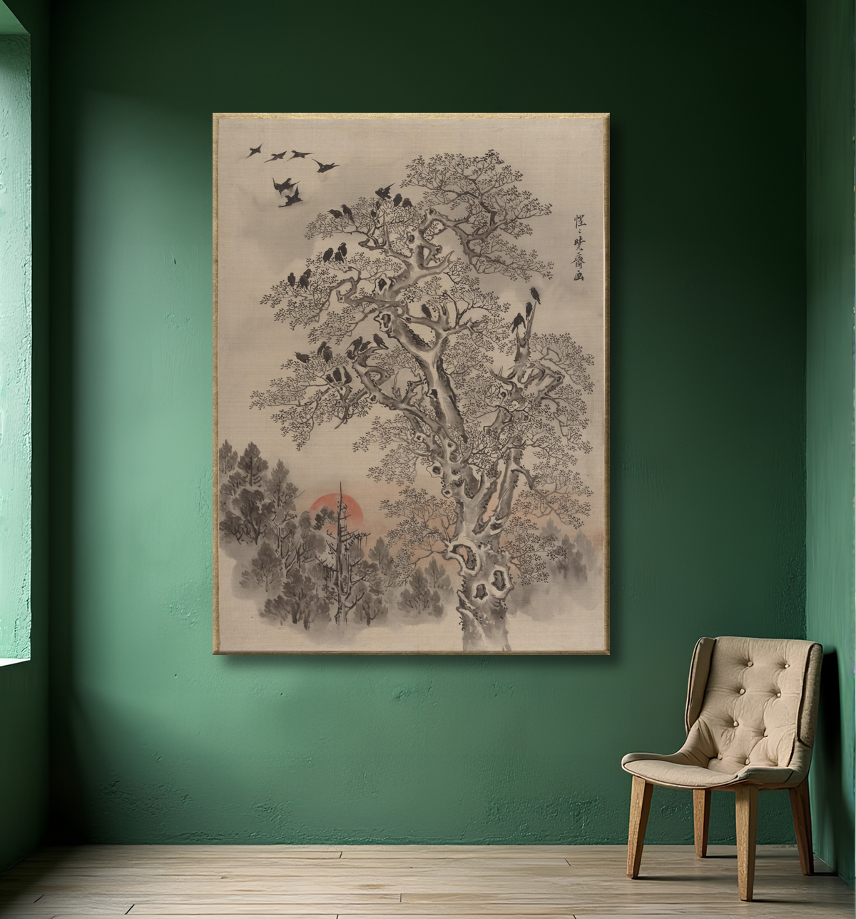 Reproduction Troupeau de corbeaux à l'aube de Kawanabe Kyōsai 河鍋暁斎 avec decor