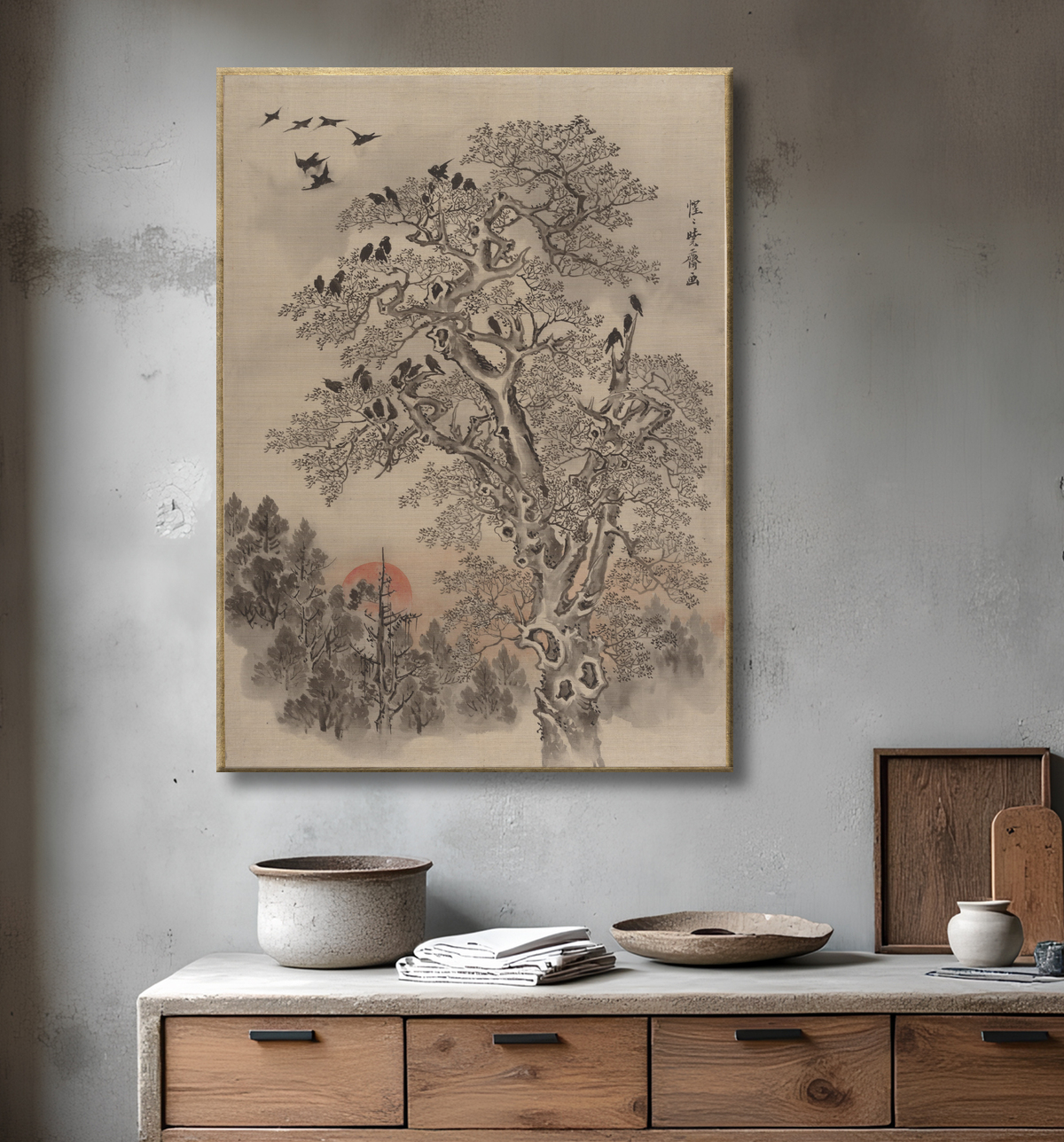 Reproduction Troupeau de corbeaux à l'aube de Kawanabe Kyōsai 河鍋暁斎 avec decor