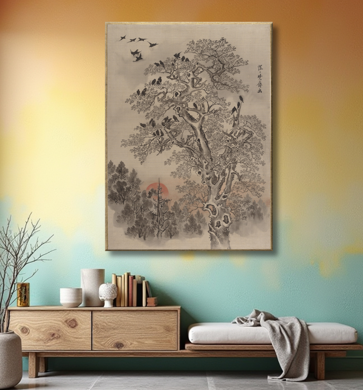 Reproduction Troupeau de corbeaux à l'aube de Kawanabe Kyōsai 河鍋暁斎 avec decor